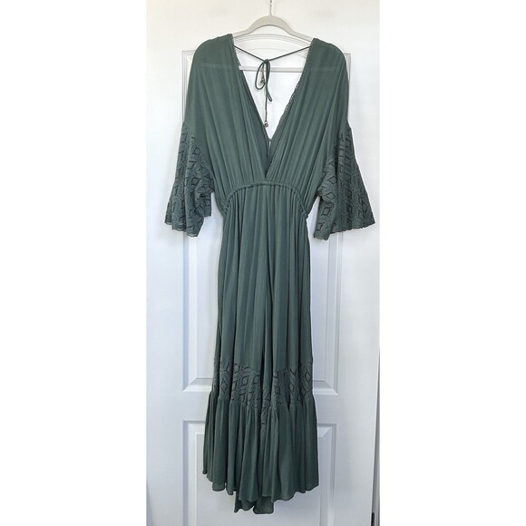 Free People Angela Jumpsuit Sz Small Wide Leg Green Boho Lace Ruffle Festival - Picture 8 of 16